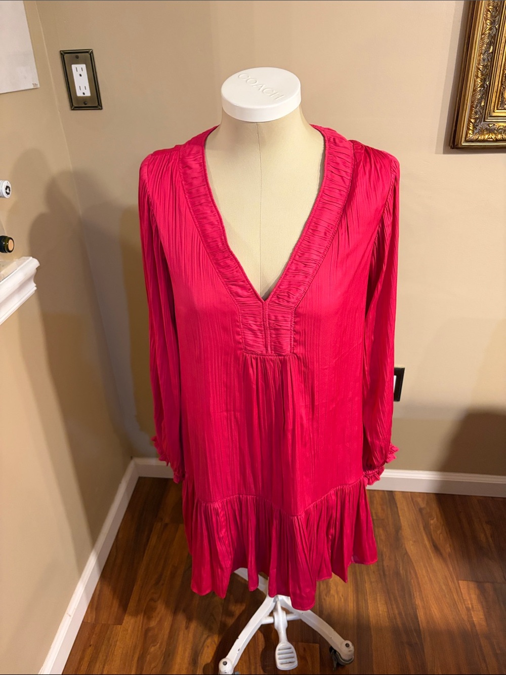 Anthropologie Bright Fuchsia Pleated V-Neck dress